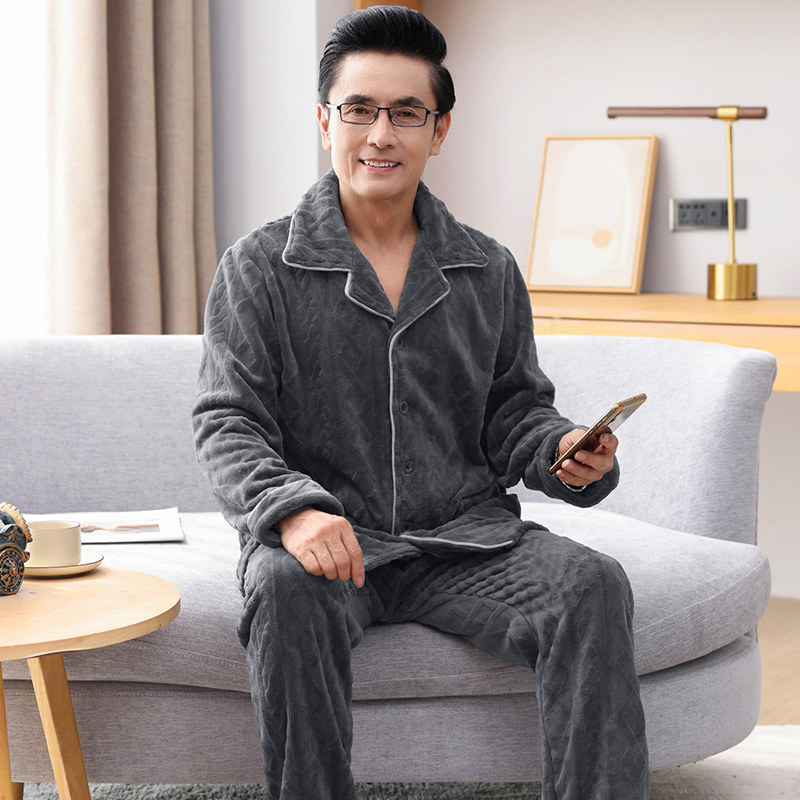 中老年爸爸法兰绒睡衣男长袖秋冬款珊瑚绒家居服加厚加绒冬季套装