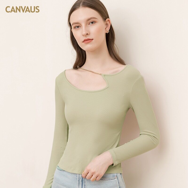 CANVAUS圆领镂空设计感纯色打底衫女长袖修身韩风内搭气质上衣潮