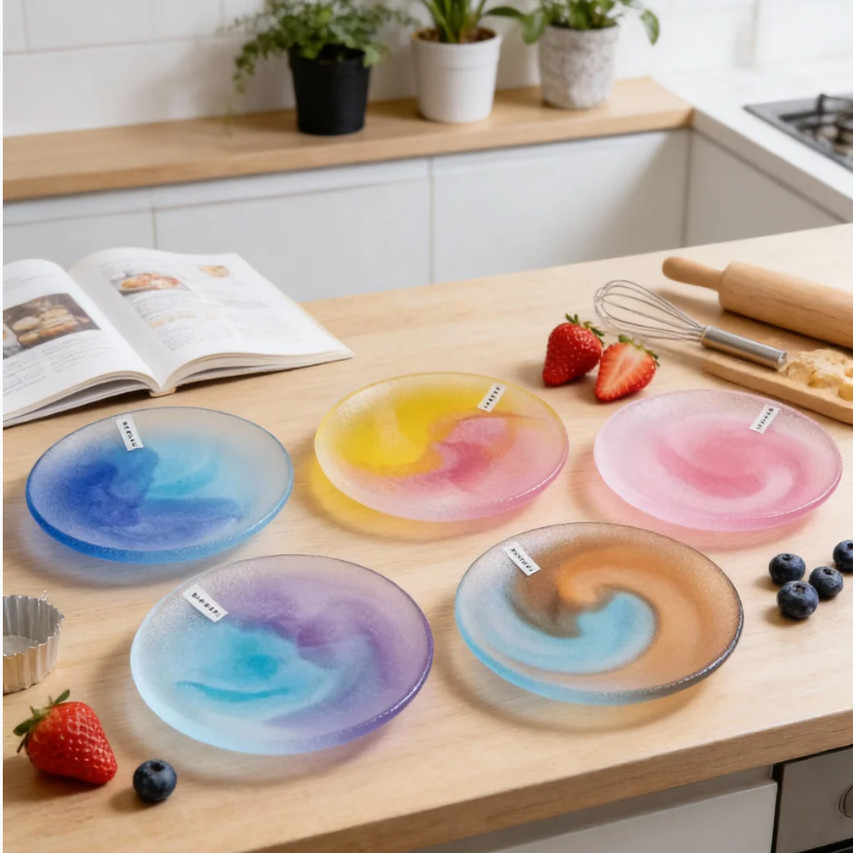 日本进口水野硝子糖果色莫奈印象盘手工干果盘新年点心碟玻璃餐具