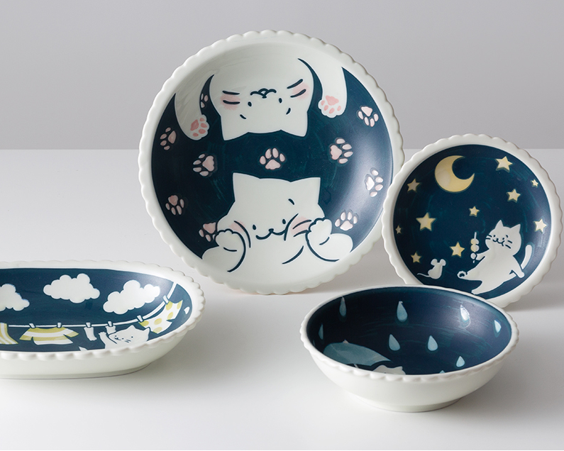 进口美浓烧釉下彩小猫餐盘碗家用
