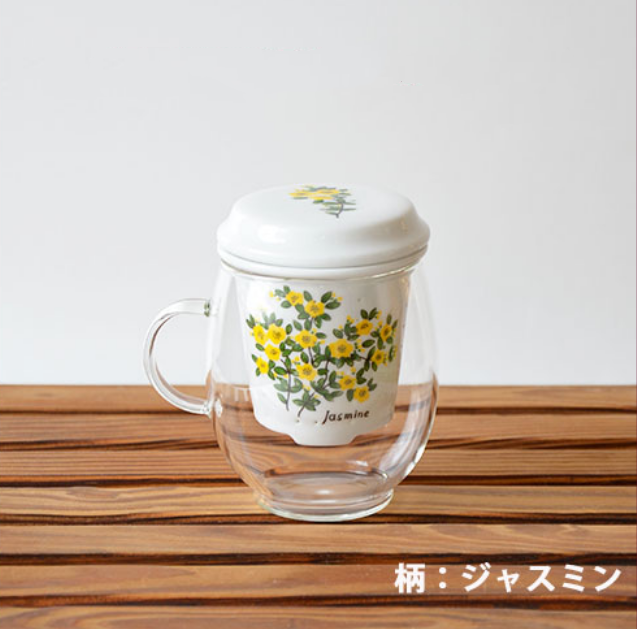 现货日本进口美浓烧和蓝花语陶瓷茶漏花卉带盖耐热玻璃马克杯杯子