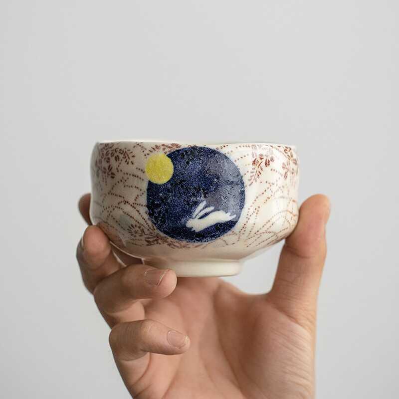 樱花月兔子红枫叶汤碗粗陶瓷日式