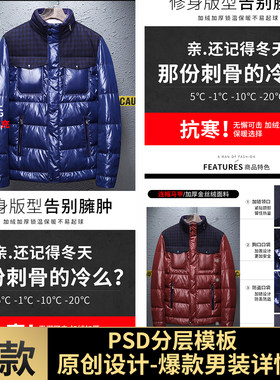 原创设计淘宝天猫电商男装羽绒服棉服爆款PSD分层模版详情页素材