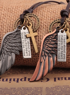 天使翅膀真皮项链欧美风格牛皮项链跨境流行嘻哈饰品厂家