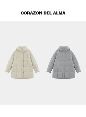 【蓬白】时髦感超轻立体绗缝拼接90白鸭绒连帽廓形中长羽绒服-A13