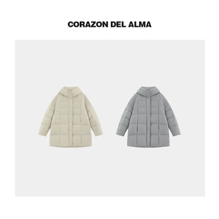 A13 时髦感超轻立体绗缝拼接90白鸭绒连帽廓形中长羽绒服 蓬白