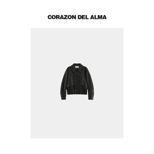 【彬州】高奢英国超薄胎牛皮复古老钱风翻领廓形夹克皮衣-82756P