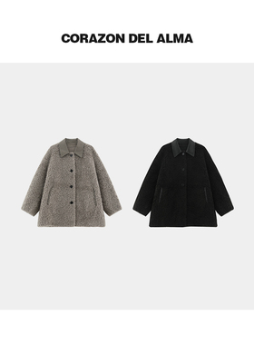 【苍苓】时髦真皮翻领拼接厚密100绵羊毛一体中长款毛毛外套-5325