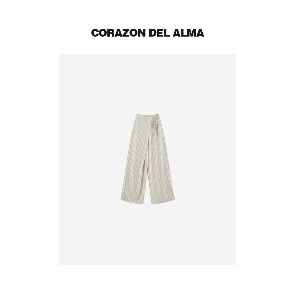 【闲叙】散步条纹裤 轻薄垂感色织亚麻混纺 不规则系带空气裤-029