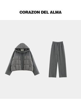 【暖晨】时髦两件套 匈牙利95鹅绒拼接羽绒服+加绒直筒拖地裤0889