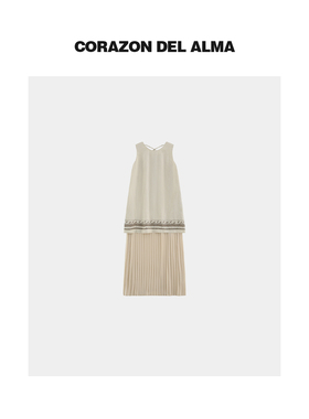 【牧柃】轻盈感超细亚麻 重工灵动风琴褶度假风无袖连衣裙-SS1580