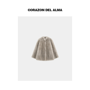 56845 高级西班牙进口原毛拉贡绵柔小立领气质皮草外套 藜麦