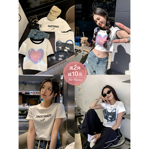 JHXC 印花短款正肩女T恤短袖2023春季新款潮韩版修身百搭打底上衣