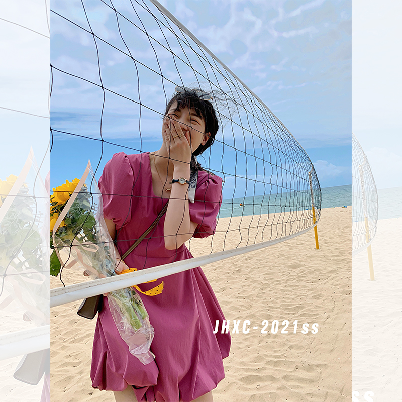 3JHXC 方领泡泡袖连衣裙女小个子2021年夏季新款气质显瘦法式裙子