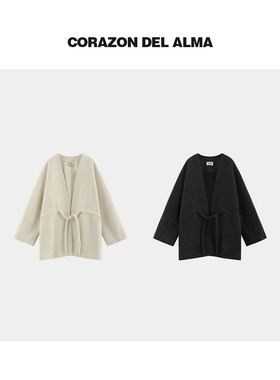 【旺卡】时髦随性浴袍式无领精纺羊毛松弛腰带毛呢外套-FW25019