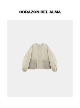 【洛侨】时髦圈圈毛呢拼接口袋轻盈感90白鹅绒保暖羽绒服-FW1352