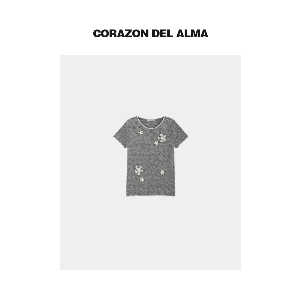 棉麻混纱手工钩边花朵T恤