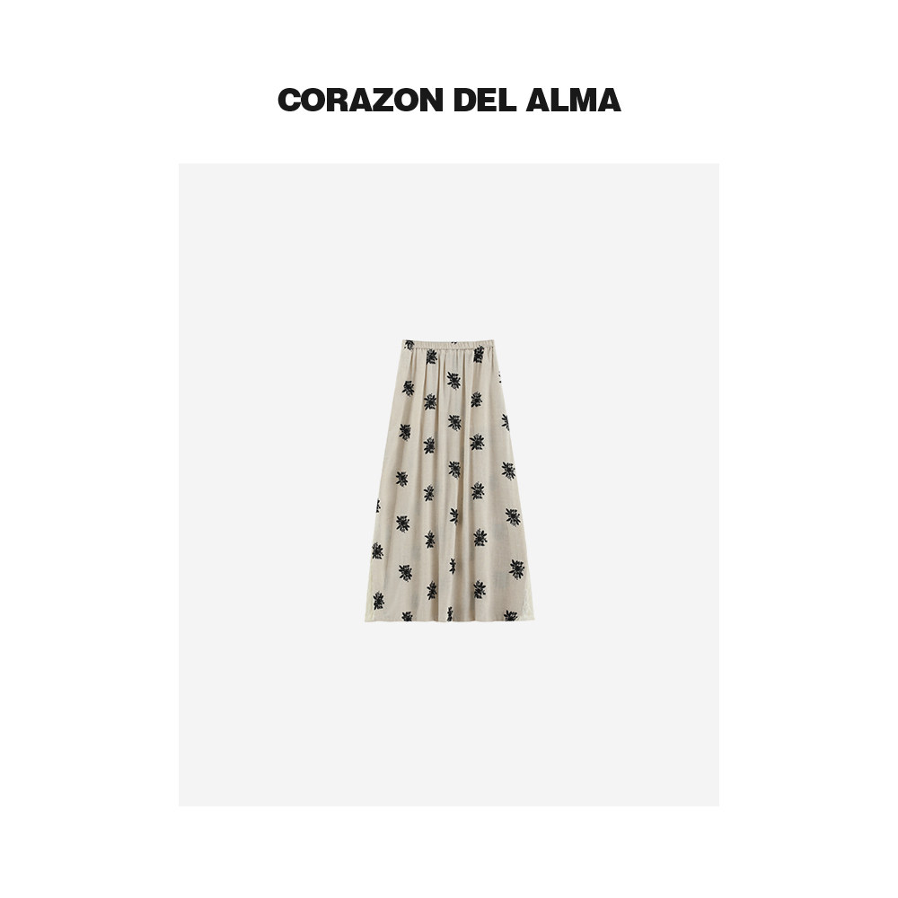 【闲春】高端抗皱再生亚麻 重工刺绣蕾丝拼接百搭松紧腰半身裙-56