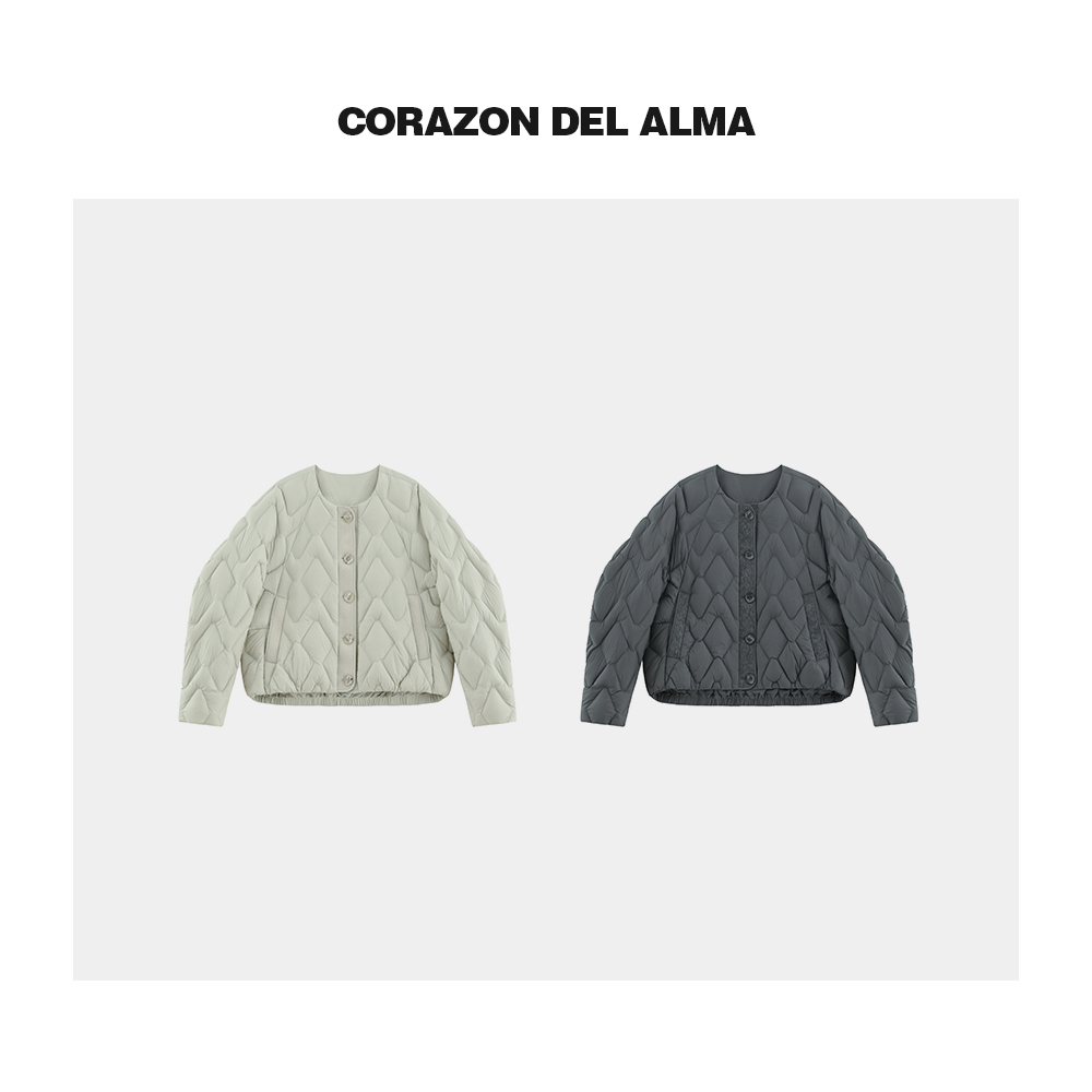 白鸭绒毛呢拼接纽扣羽绒服