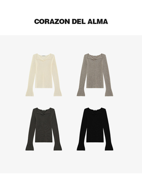 【柔云】可机洗羊毛时髦开叉V领显瘦喇叭袖百搭毛织打底衫-H3205