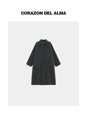 【拖斯】重磅圈圈羊毛呢复古皮扣立领长款廓形毛呢大衣外套-FW111