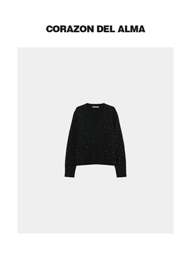 【镜歌】复古粗针烫钻绵羊毛混纺显瘦V领加厚廓形毛衣开衫-5469-1