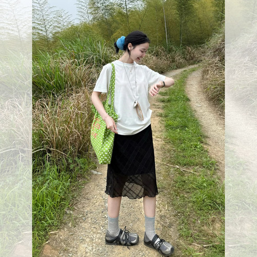 松弛感白色T恤网纱半身裙套装女