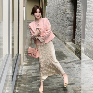 一整套入秋穿搭新中式女装国风盘扣提花外套半身裙两件套装女早春