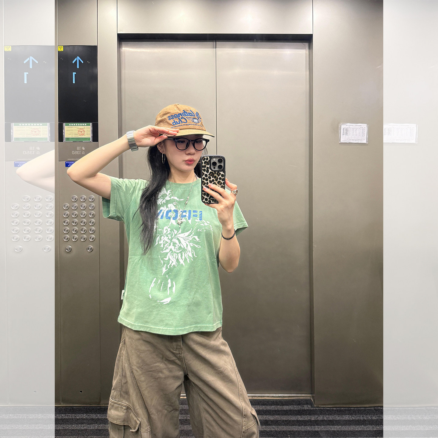 美式复古水洗做旧绿色T恤女2026夏季向日葵字母印花宽松短袖上衣