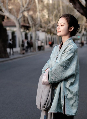 2026春季宋锦立领盘扣上衣新中式唐装中国风蓝色双面穿提花外套女