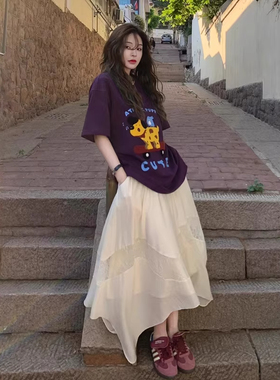 韩式搭配ootd穿搭一整套2026春季紫色卡通小狗T恤A字半身裙套装女