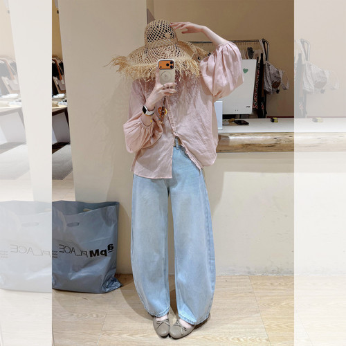 防晒亚麻衬衫高腰阔腿裤两件套