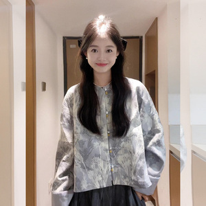 新中式唐装中国风女装蓝色短款外套女春秋年轻款高端宋锦盘扣上衣