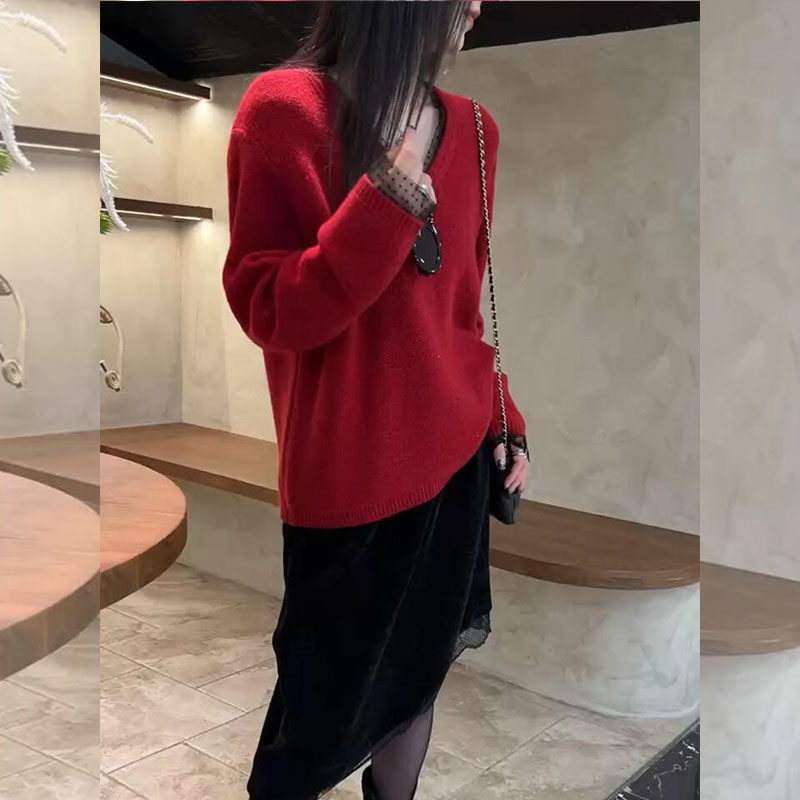 法式时尚网纱波点V领假两件针织衫2026年初春高级感新年红毛衣女,女装/女士精品,大码内搭,淘宝优惠券,粉丝福利购,淘宝优惠卷