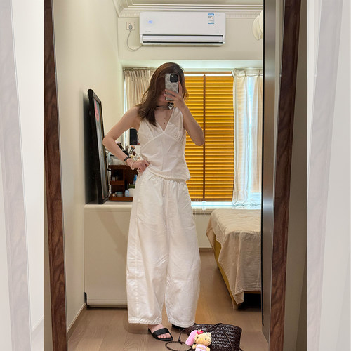 极简风亚麻背心高腰阔腿裤套装女