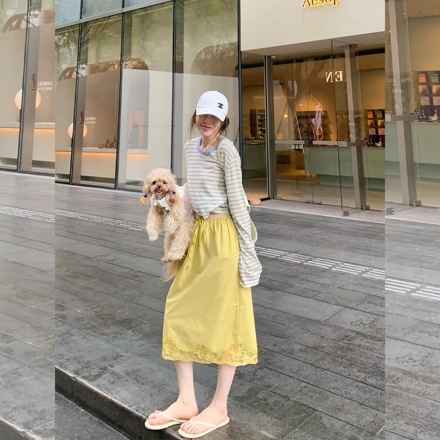 韩系松弛感条纹防晒T恤套装女夏季蕾丝花边半身裙减龄休闲两件套