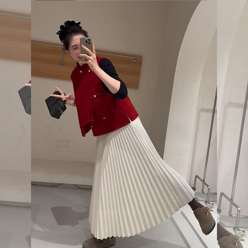 新中式国风红色马甲女2026春季高级感改良时尚背心百褶半身裙套装,女装/女士精品,大码套装,淘宝优惠券,粉丝福利购,淘宝优惠卷