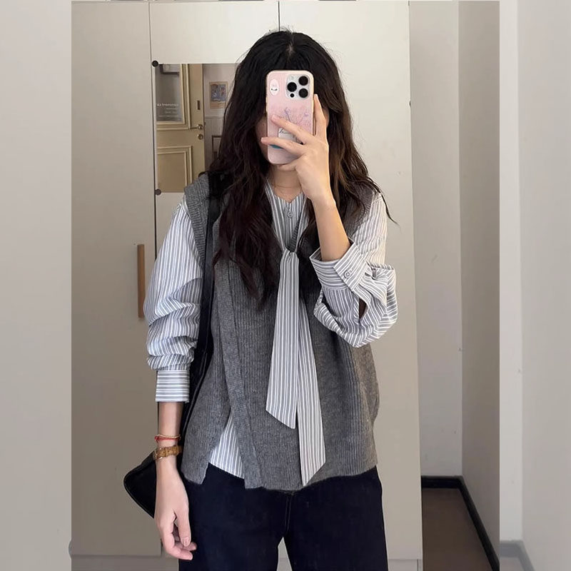 早春高级感开叉针织马甲条纹飘带衬衫两件套装巨好看韩系一整套女,女装/女士精品,大码套装,淘宝优惠券,粉丝福利购,淘宝优惠卷