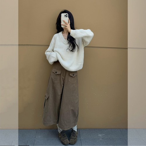 韩系慵懒针织毛衣工装阔腿裤套装