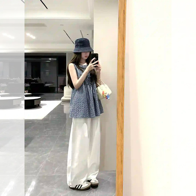 小个子格纹背心白色山本裤套装女