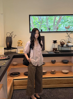 木耳边短袖衬衫直筒九分裤套装女