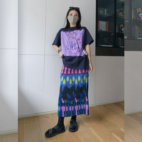 猫咪印花T恤褶皱半身裙两件套女