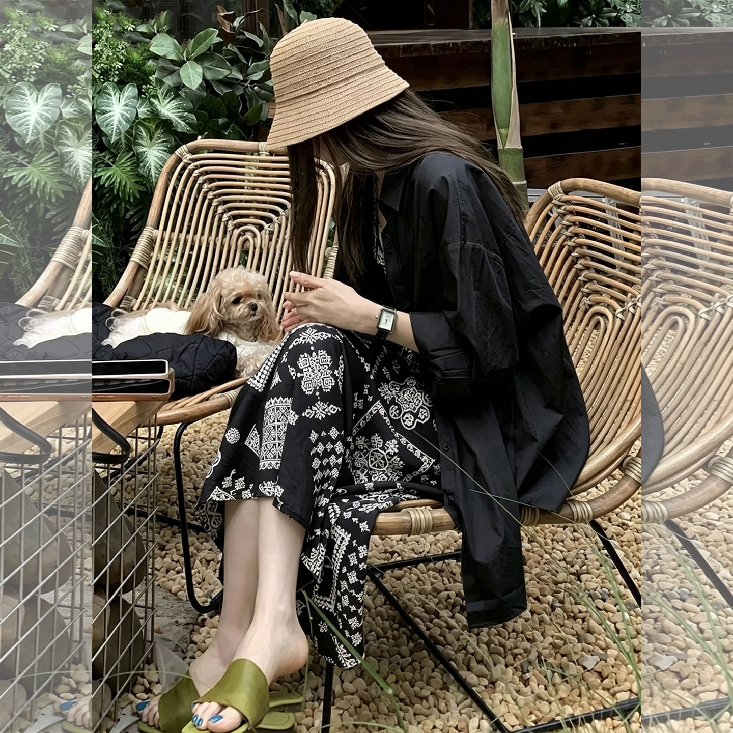 夏日出游度假风套装女韩系亚麻防晒衬衫菱形印花吊带连衣裙两件套