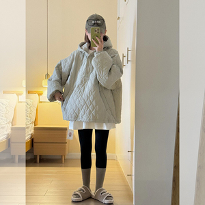 绿色宽松连帽菱格棉衣棉服女冬季韩版慵懒风高级感超好看夹棉外套