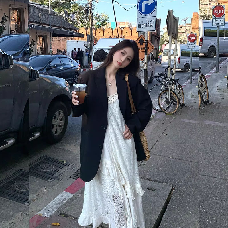 2026春季超火韩系黑色廓形西装外套叠穿蕾丝拼接吊带连衣裙套装女,女装/女士精品,大码套装,淘宝优惠券,粉丝福利购,淘宝优惠卷