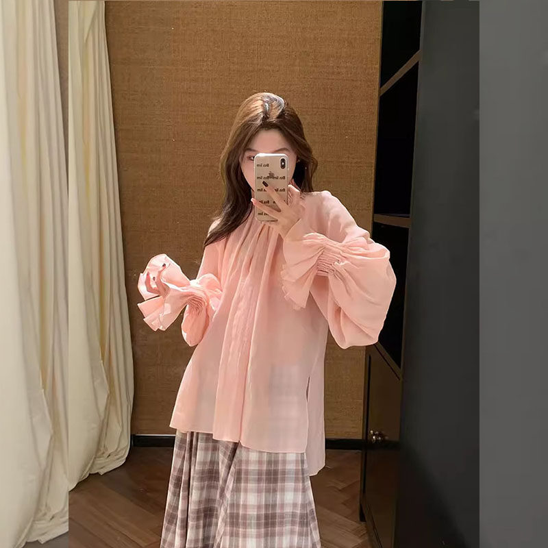 甜美风小众灯笼袖粉色衬衫女2026春季新款氛围感绝美褶皱高领上衣,女装/女士精品,大码内搭,淘宝优惠券,粉丝福利购,淘宝优惠卷
