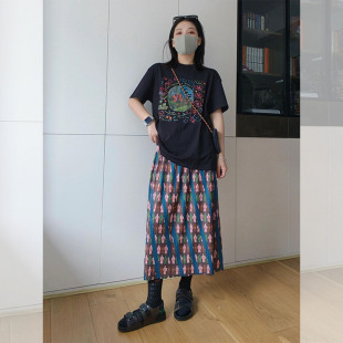 T恤碎花半裙套装 韩系ootd穿搭一整套2026夏季 高级感黑色印花短袖
