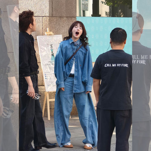 松弛丹宁风牛仔衬衫阔腿裤套装女