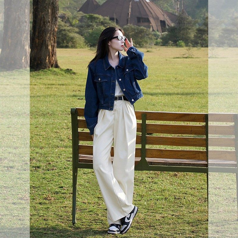 韩系ootd穿搭一整套2026春季小香风减龄蓝色牛仔外套阔腿裤套装女