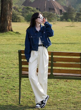 韩系ootd穿搭一整套2026春季小香风减龄蓝色牛仔外套阔腿裤套装女